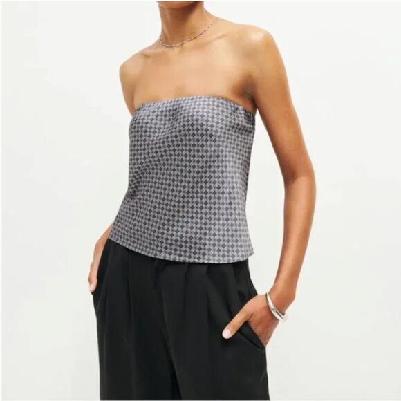 Reformation Tops - Reformation Spritz Grey Silk Patterned Strapless Top